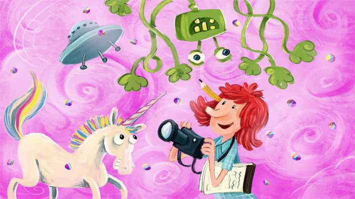 Bunte Zeichnung: eine Frau mit roten Haaren, mit Kamera, Stift und Block, drumherum Einhorn, Ufo, Alien, pinkfarbener Hintergrund (Quelle: rbb/OHRENBÄR/Julian Meyer)