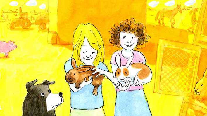 Bunte Zeichnung: zwei Mädchen auf einem Bauernhof, sie tragen jeweils ein Kaninchen, ein Hund sitzt daneben (rbb/OHRENBÄR/Kerstin Meyer)